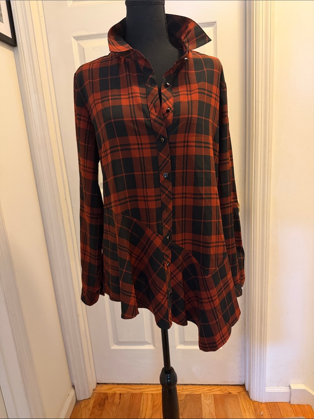 Susan Graver Red and Black Plaid Button-Down Shirt